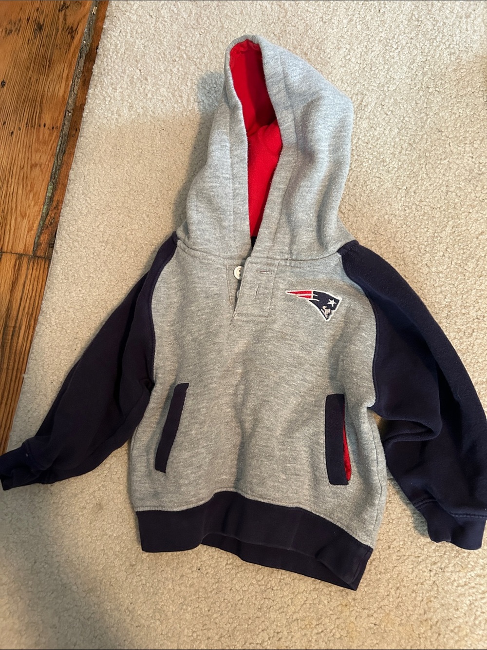 Kids Gray Hoodie with Navy Sleeves and Red Lining - Team Logo